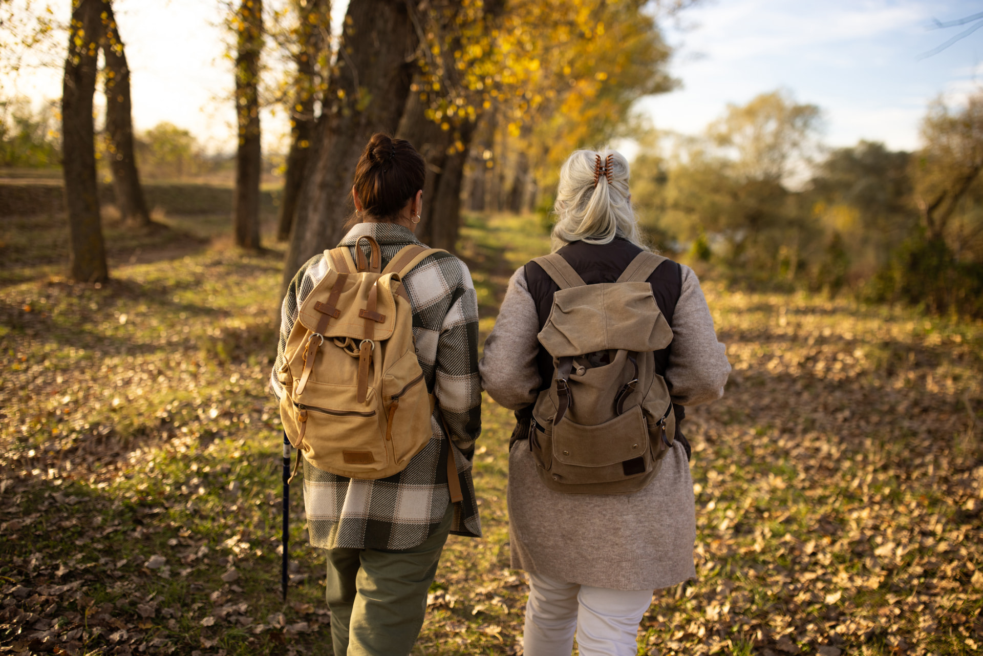 Two women walking slowly together on a wooded trail in autumn afternoon light