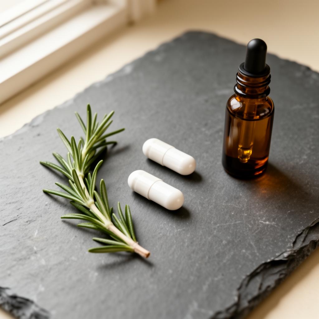 Two white capsules on slate beside a sprig of rosemary and an amber dropper bottle
