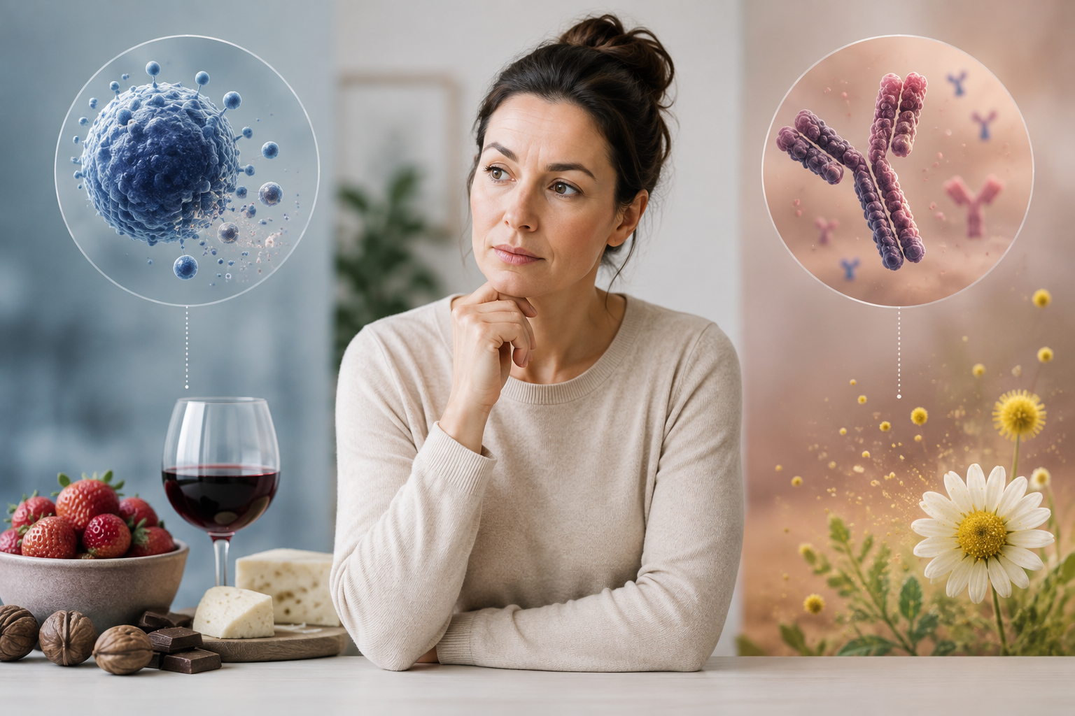A thoughtful woman at a table with visual metaphors for immune triggers, histamine, and mast-cell activation surrounding her
