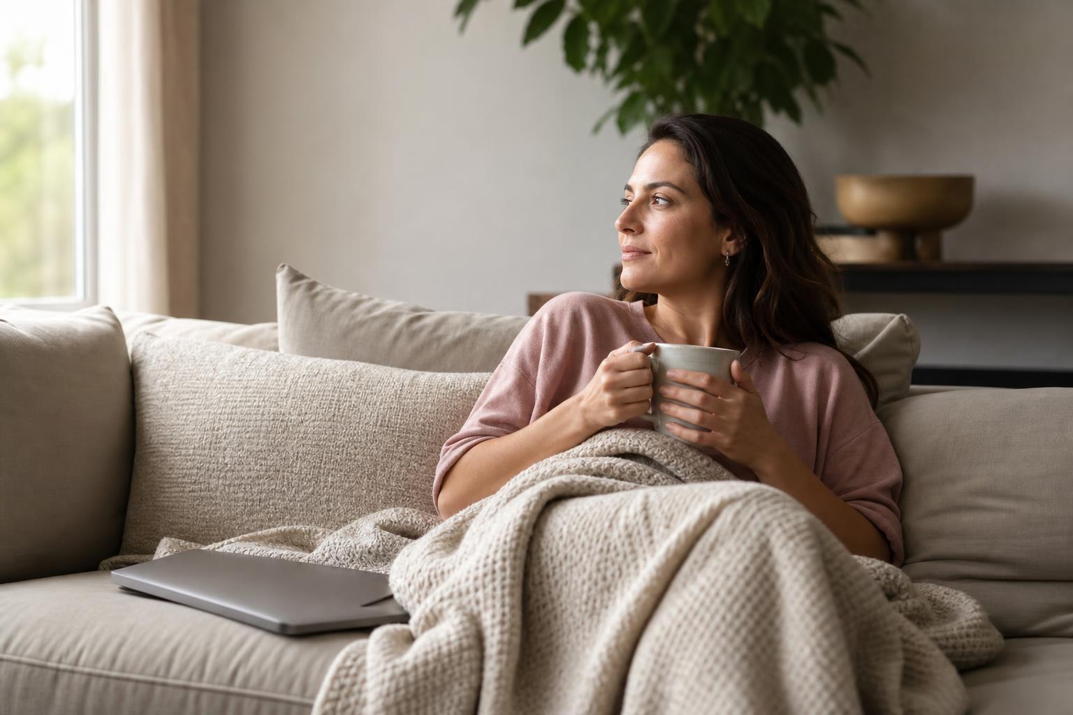 A woman resting on a couch beside a closed laptop in natural window light