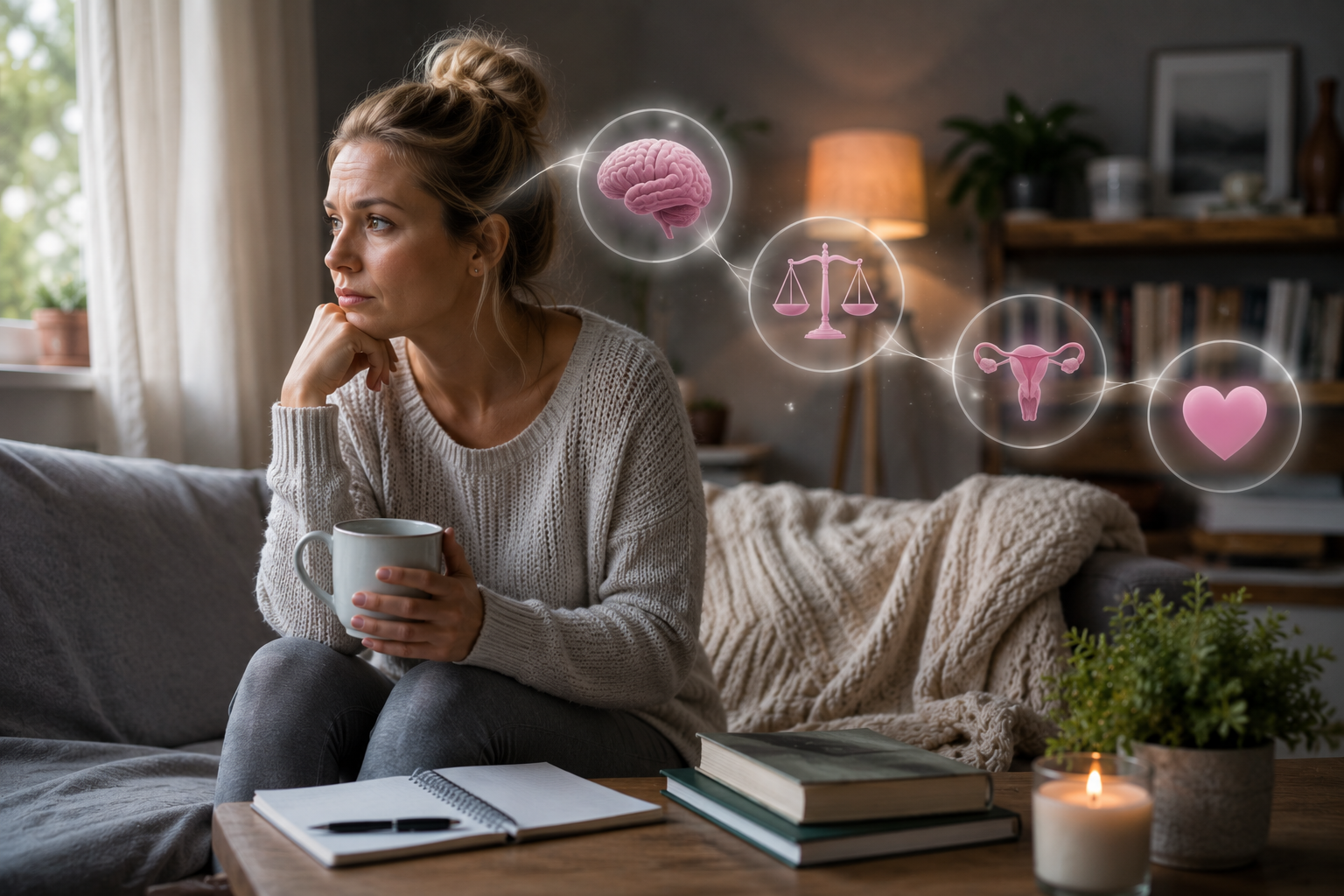 A thoughtful woman holding a mug, with floating icons representing brain, balance, hormonal health, and heart — symbols of multisystem post-viral care