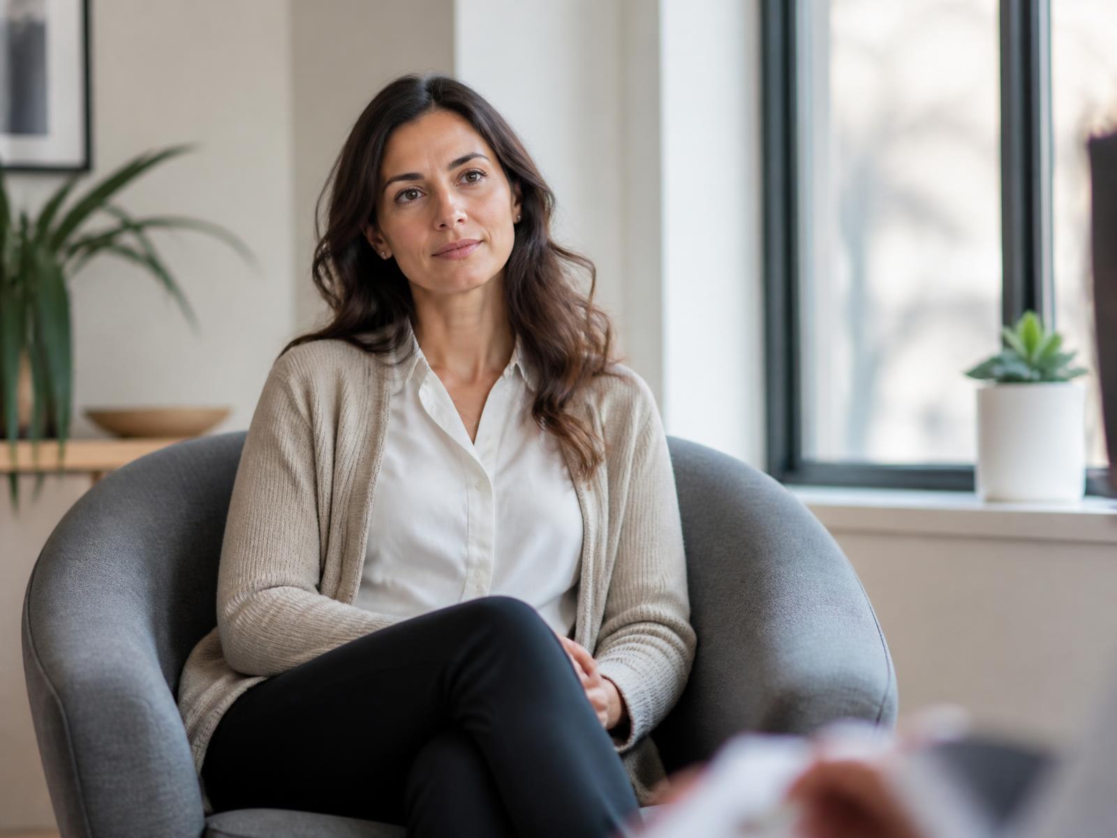 A woman in her thirties seated in a bright clinic consultation room