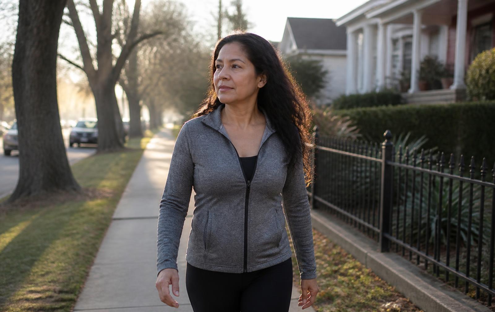 A woman walking on a tree-lined neighborhood sidewalk in early morning light