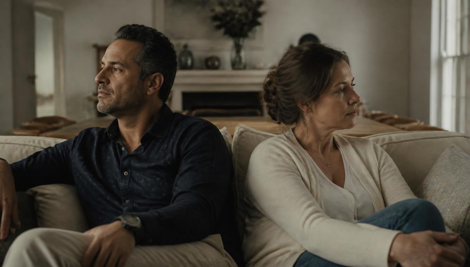Couple sitting quietly, representing relational strain from hormonal change