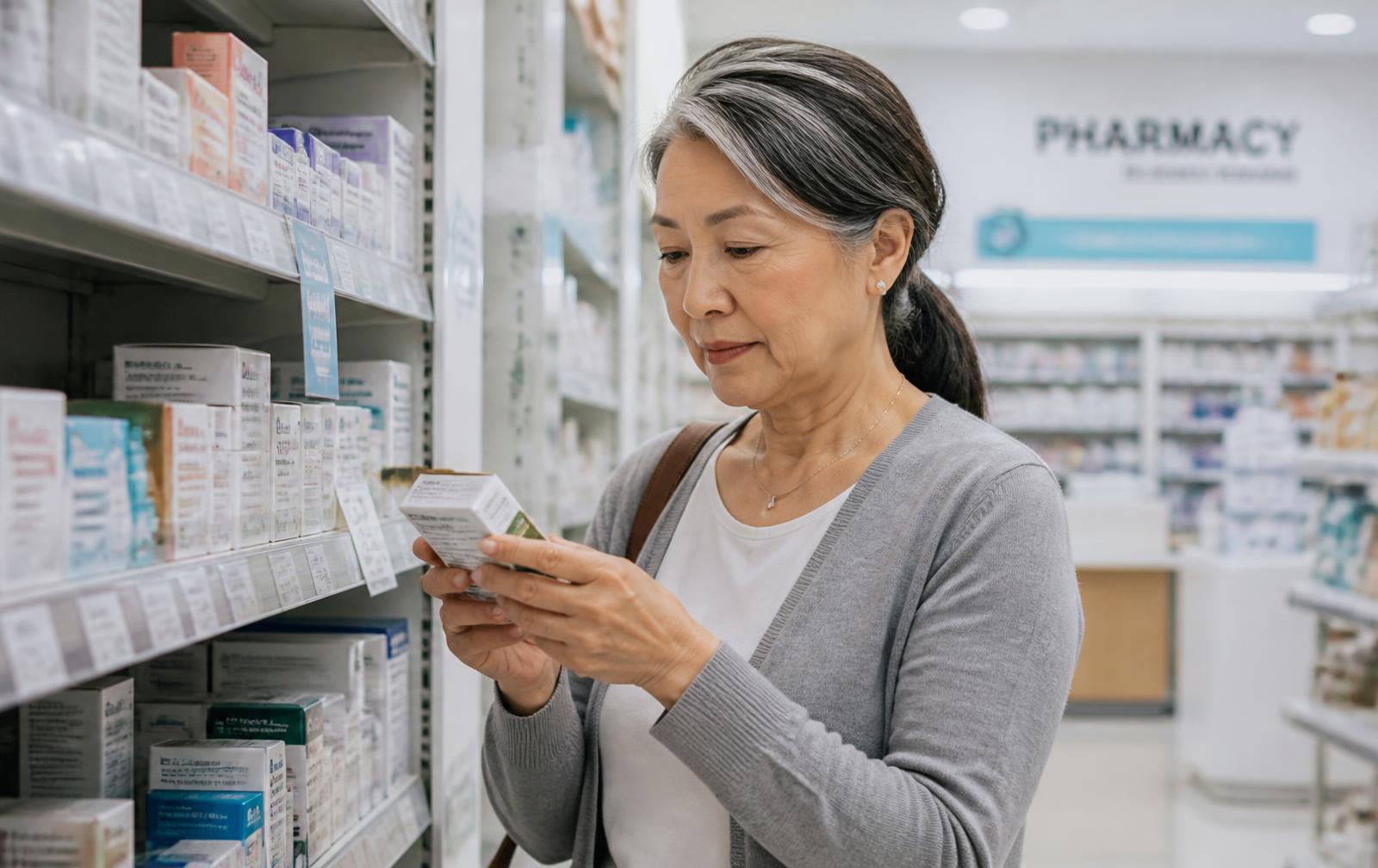 A woman reading the label on a medication box in a pharmacy aisle