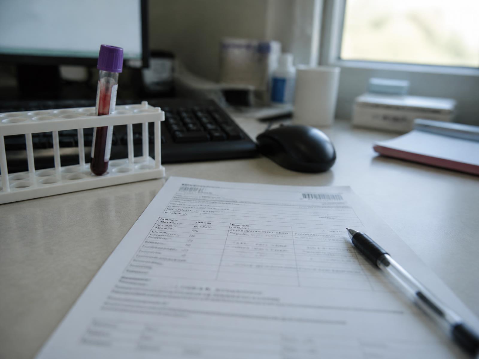 Lab requisition form, blood collection tube in a rack and a pen on a clinician's desk in soft daylight
