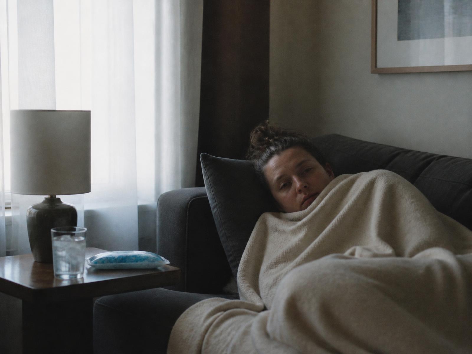 Person resting under a blanket on a sofa in a dim quiet room with water and an ice pack nearby