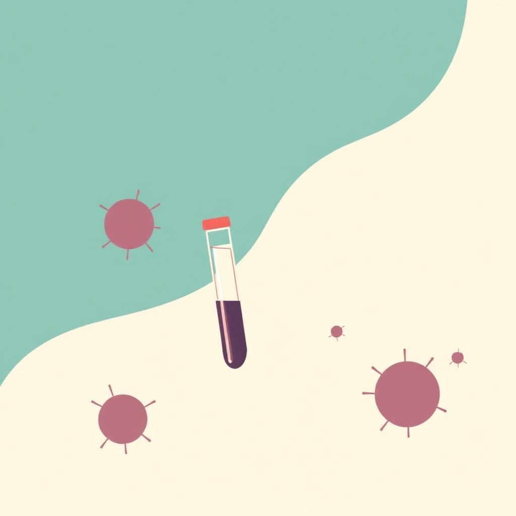 Illustration of a blood collection tube with abstract mast cell shapes, representing tryptase testing for MCAS