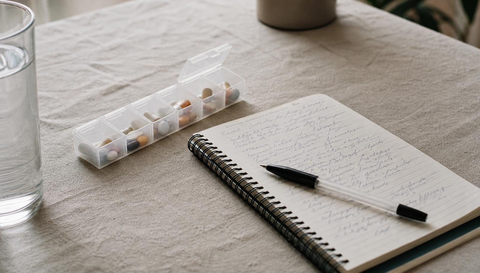 Amber weekly pill organizer, tablets, a glass of water and a notebook on a linen surface in soft daylight