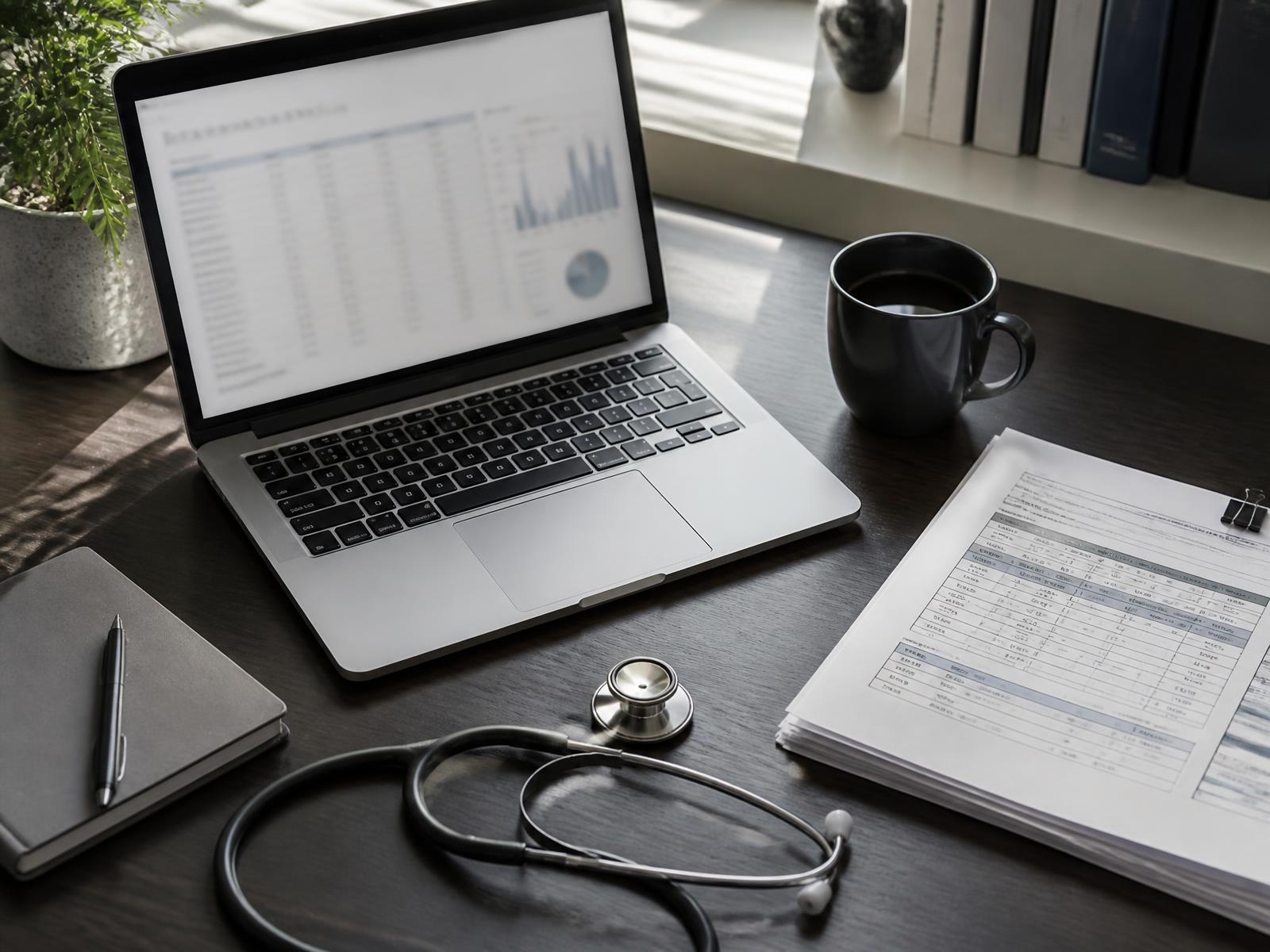 A clinician's desk with a laptop showing lab trends, printed reports, and a stethoscope
