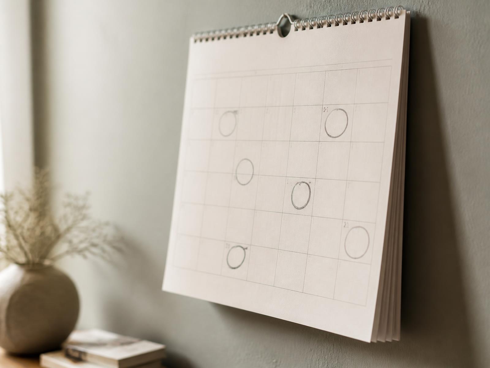 A paper wall calendar with several dates circled in pencil