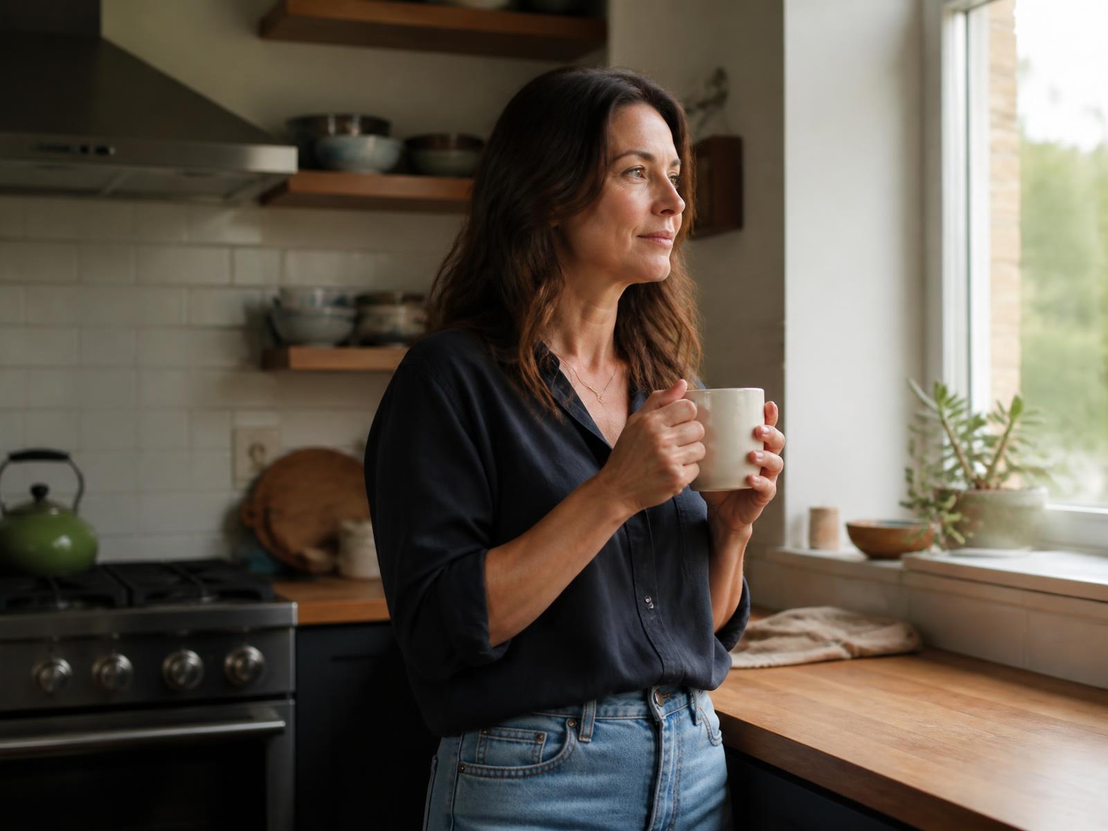 A woman in her forties pausing at her kitchen counter with a coffee mug in morning light