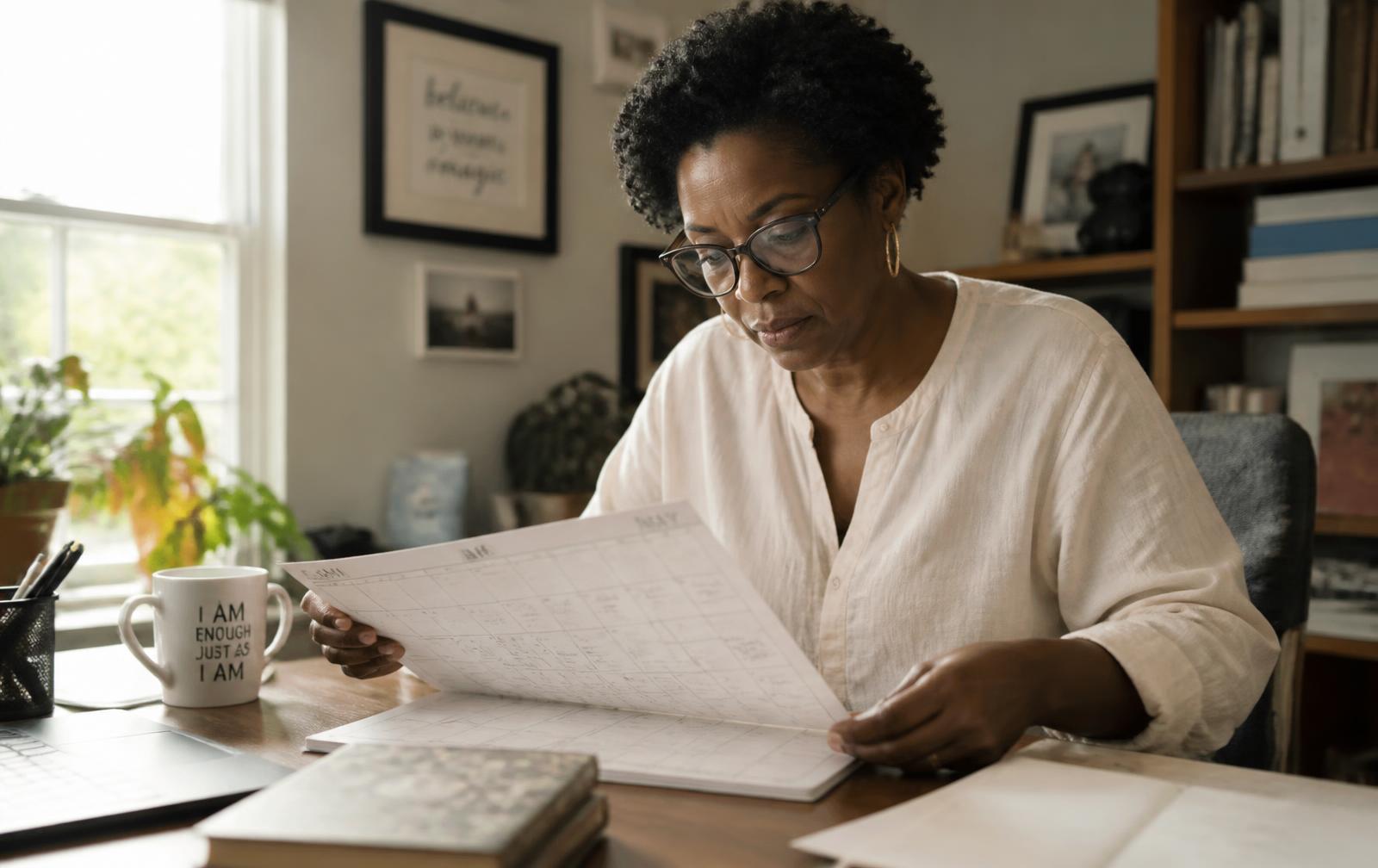 A woman in her early forties at a home desk, reviewing dates on a paper calendar